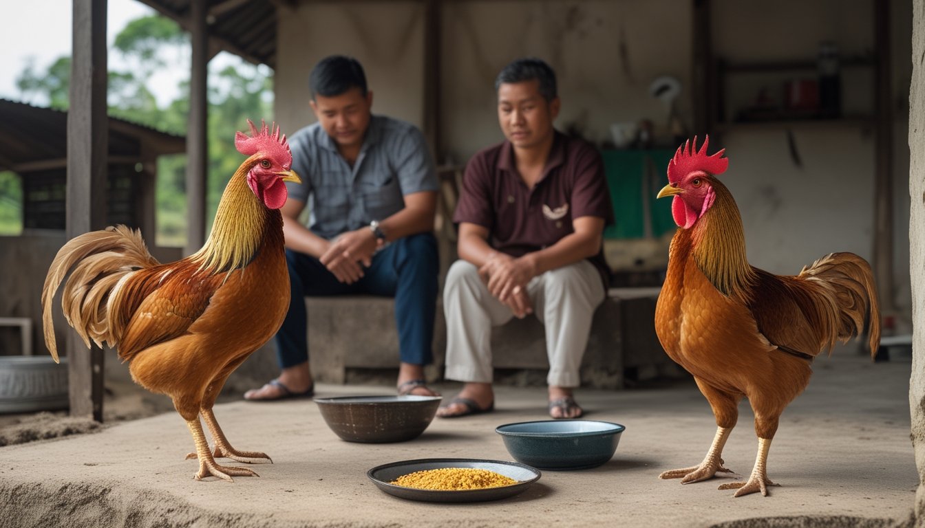 Dua ayam jantan berdiri tenang sementara seorang pemula belajar dari seorang pawang.