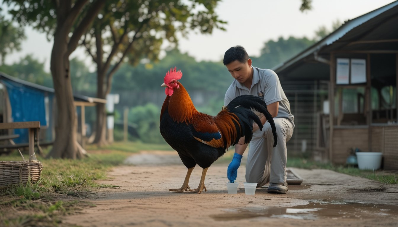 Seekor ayam jantan sehat berdiri di halaman kandang yang bersih sementara seorang peternak menyediakan air.