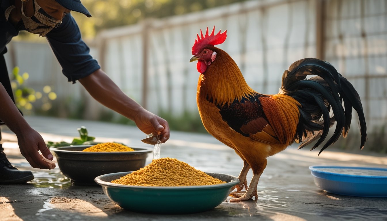 Ayam jantan berdiri di dekat wadah pakan dan air bersih yang sedang disiapkan oleh perawatnya.