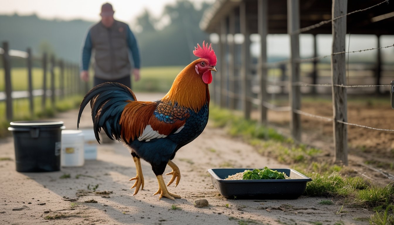 Ayam jantan berjalan di area latihan sementara pemiliknya menyiapkan pakan dan air.