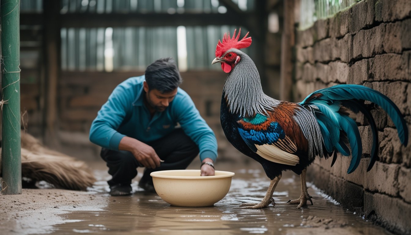 Seekor ayam jantan berada di kandang sementara seorang penjaga memeriksa pakan dan airnya.
