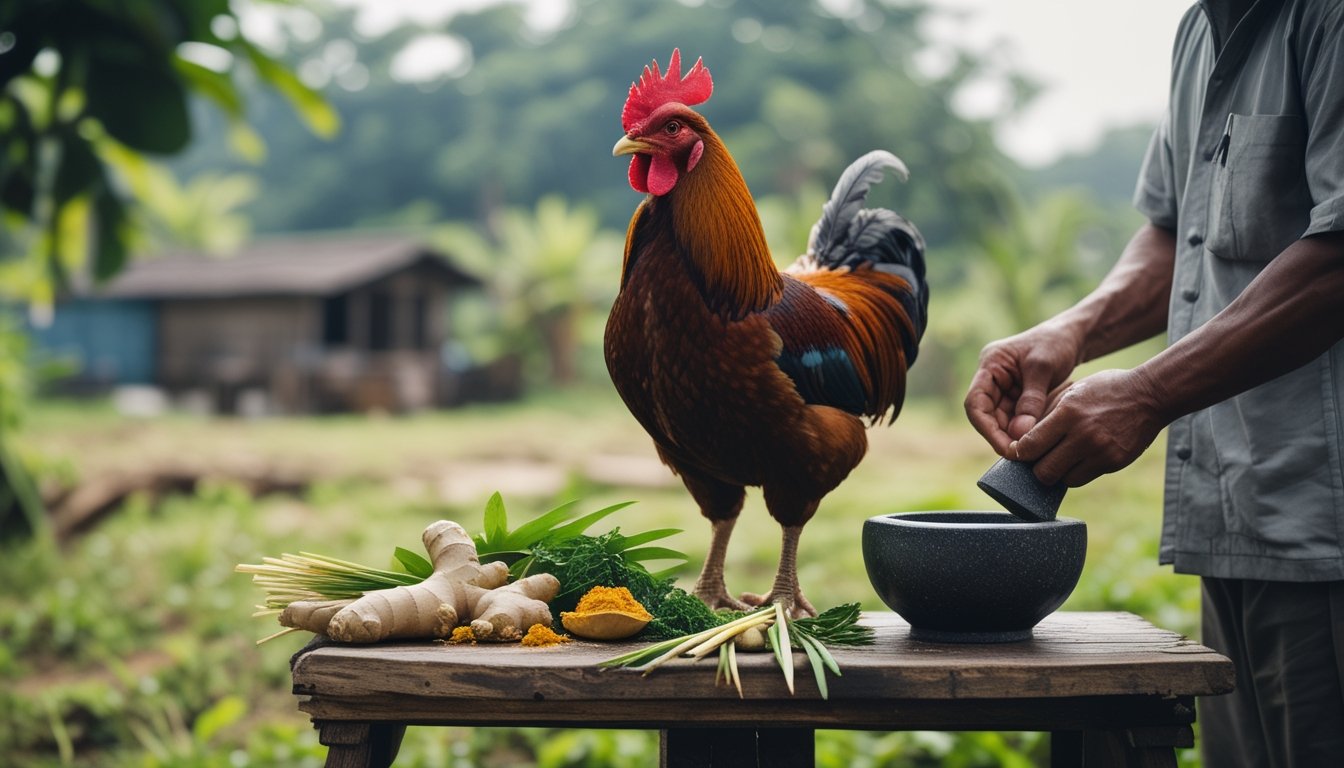 Seekor ayam jantan berdiri di dekat bahan-bahan herbal dan ramuan yang sedang disiapkan.