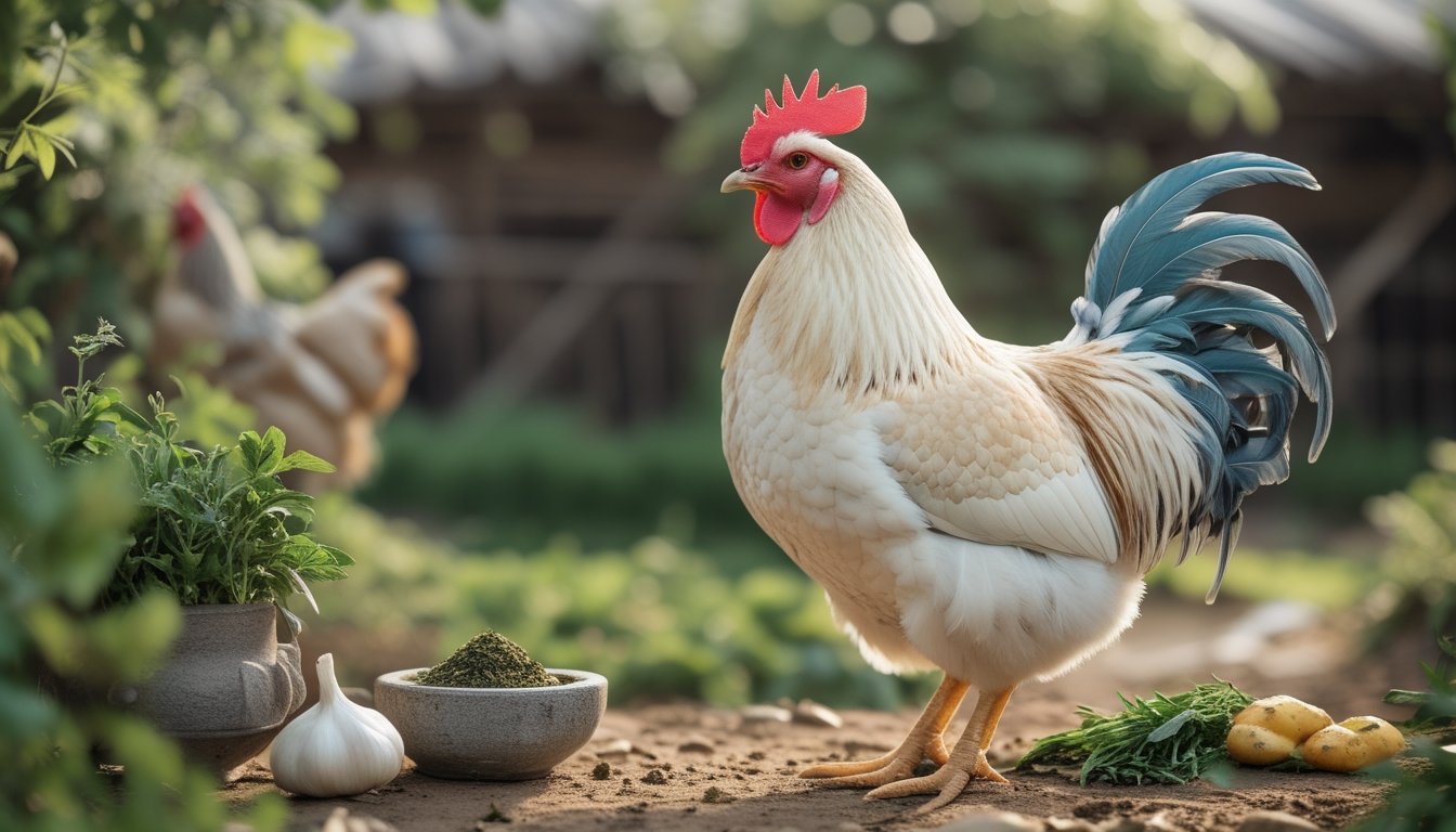 Seekor ayam jantan berdiri di samping jahe, kunyit, bawang putih, dan daun herbal.