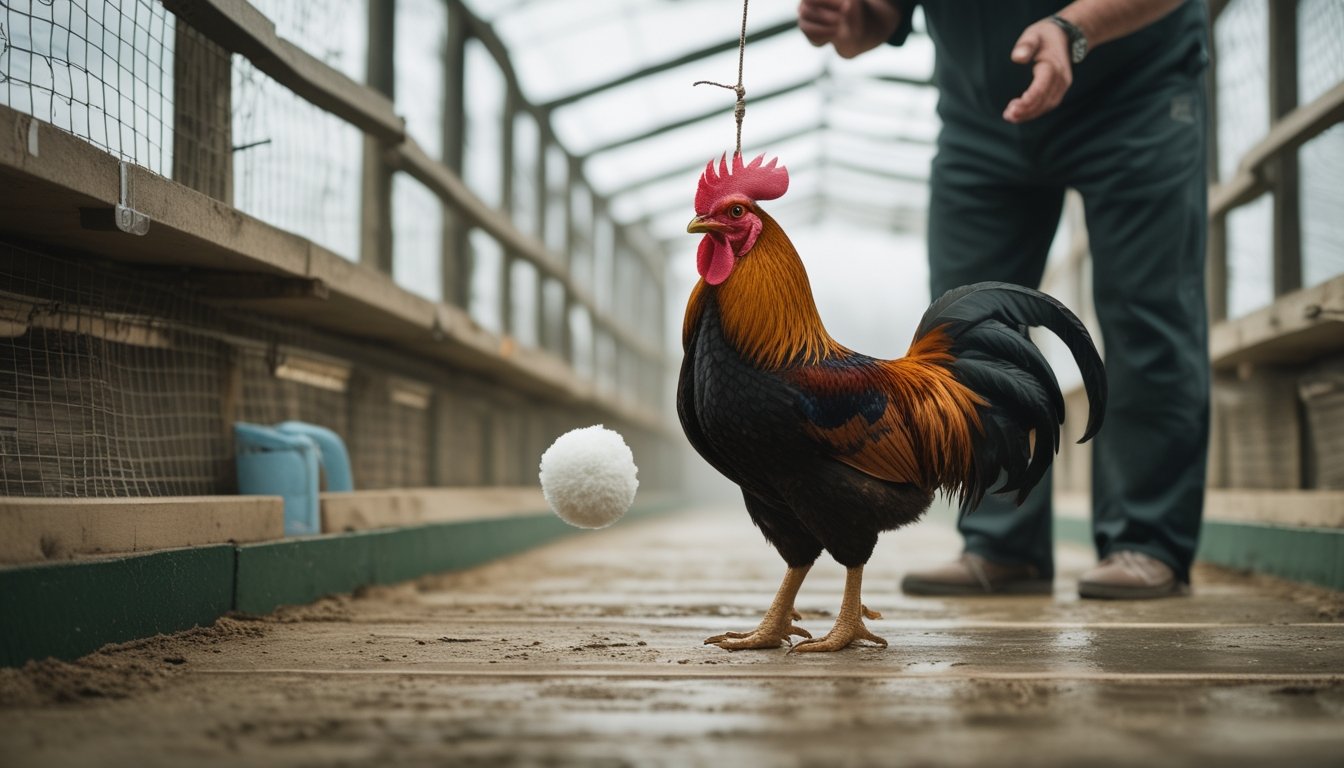 Seekor ayam jantan muda berdiri di area latihan bersih dengan seorang perawat di dekatnya.