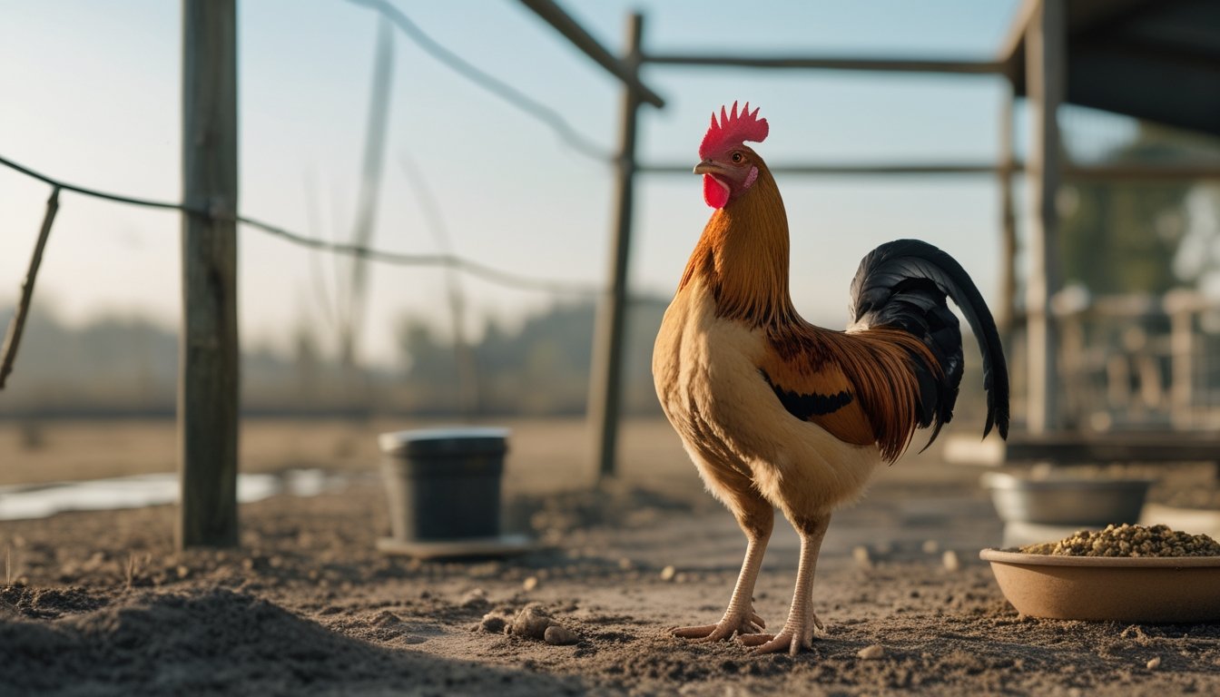 Seekor ayam jantan muda berdiri di kandang bersih dengan pakan dan air.