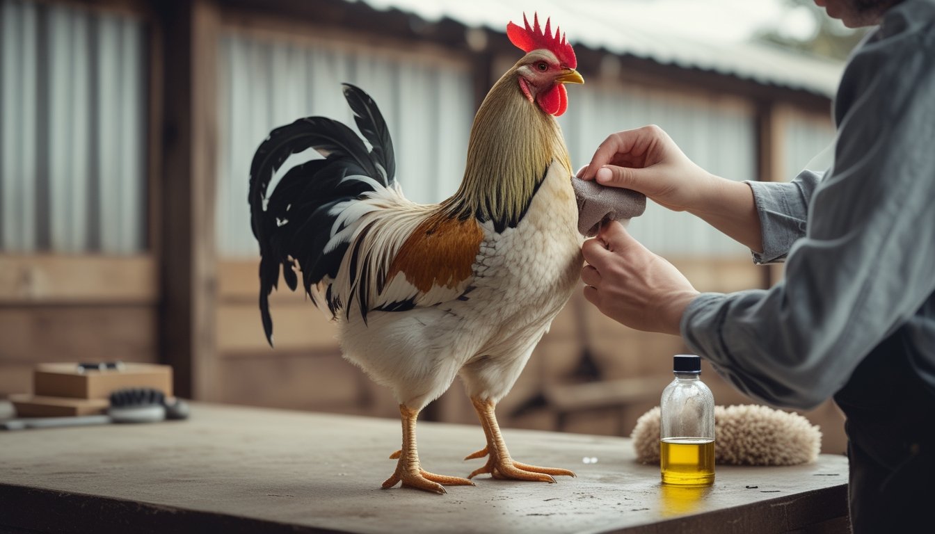 Seekor ayam jantan dirawat dengan lembut, sementara kakinya diperiksa dan bulunya tampak bersih mengilap.