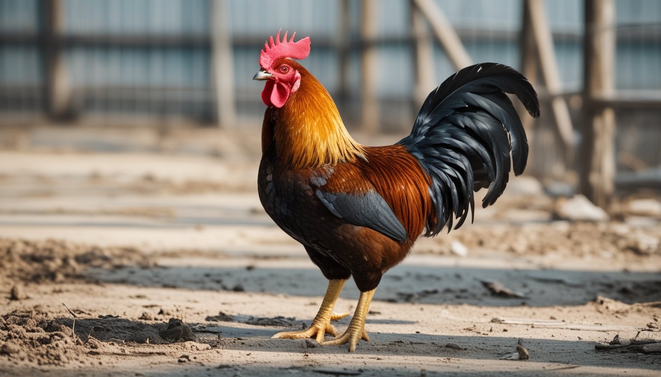 Seekor ayam jantan berdiri dengan bulu mengilap dan sisik kaki yang tampak sehat.