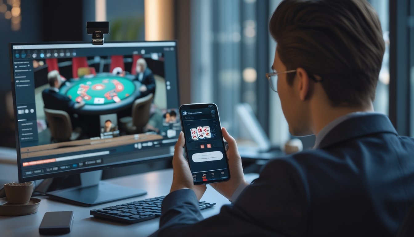 Seseorang memainkan poker melalui ponsel sambil menonton permainan langsung di monitor.