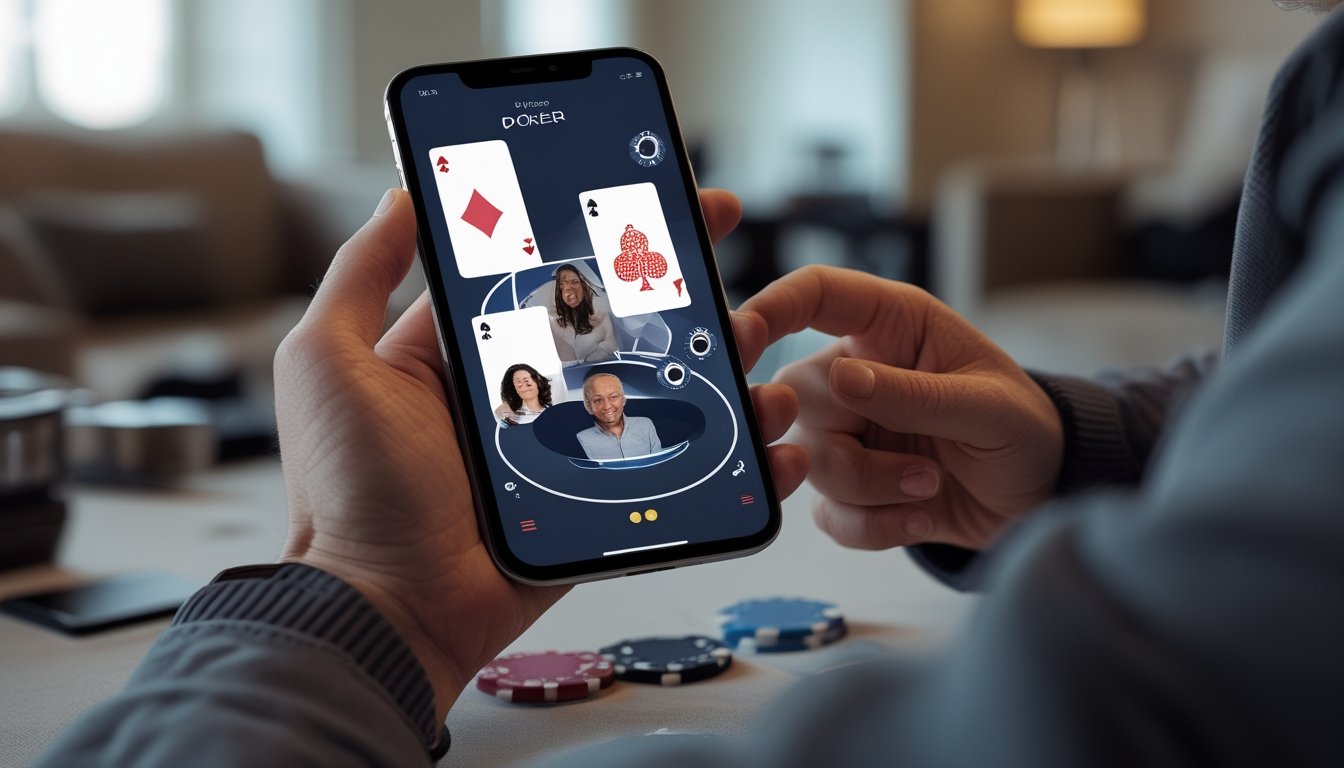 Seseorang memainkan poker melalui ponsel dengan tampilan pemain lain dalam siaran langsung.