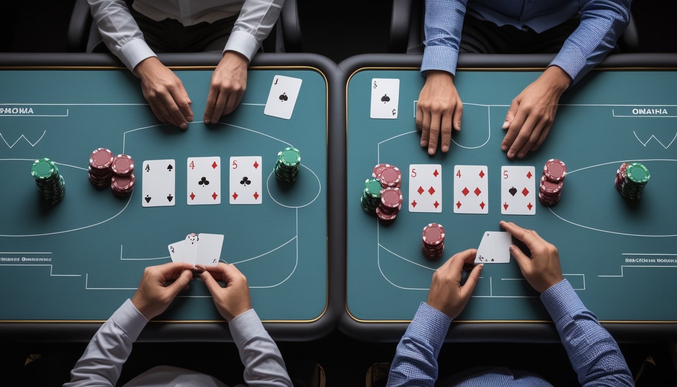 Dua susunan permainan poker dengan jumlah kartu di tangan yang berbeda, disertai kartu komunitas dan keping poker.