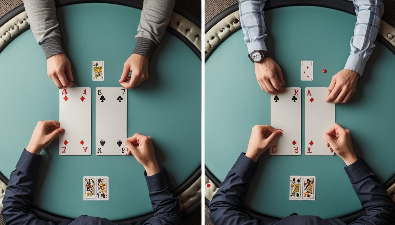 Dua susunan kartu poker di atas meja, satu dengan dua kartu pribadi dan satu dengan empat kartu pribadi, masing-masing di samping lima kartu bersama.