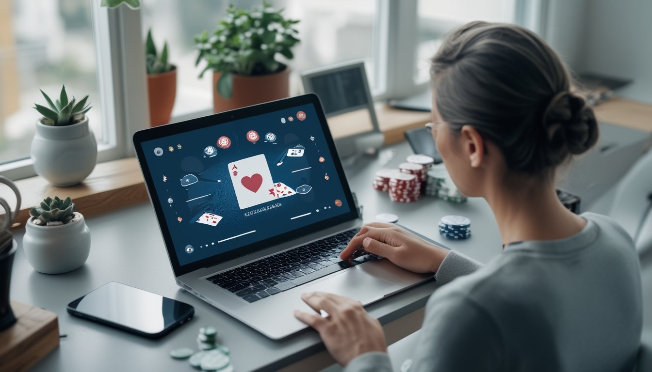 Seseorang memeriksa platform poker daring di laptop dengan kartu dan keping poker di meja.