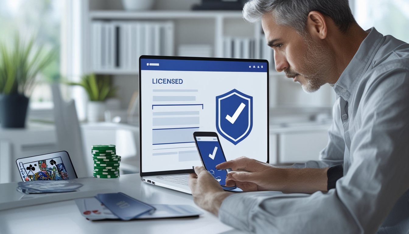 Seseorang memeriksa dokumen lisensi di laptop dengan ponsel, kartu remi, dan keping poker di meja.