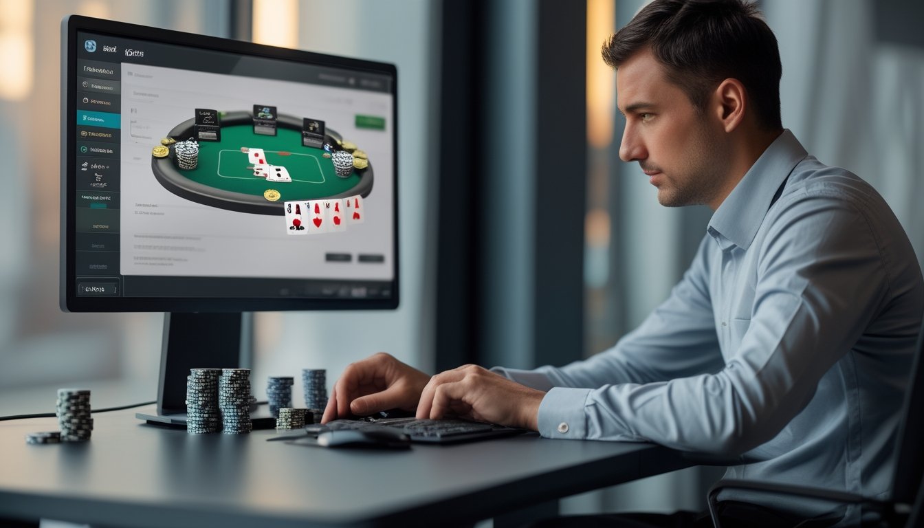 Seorang pemain poker mempelajari meja poker digital di depan monitor.