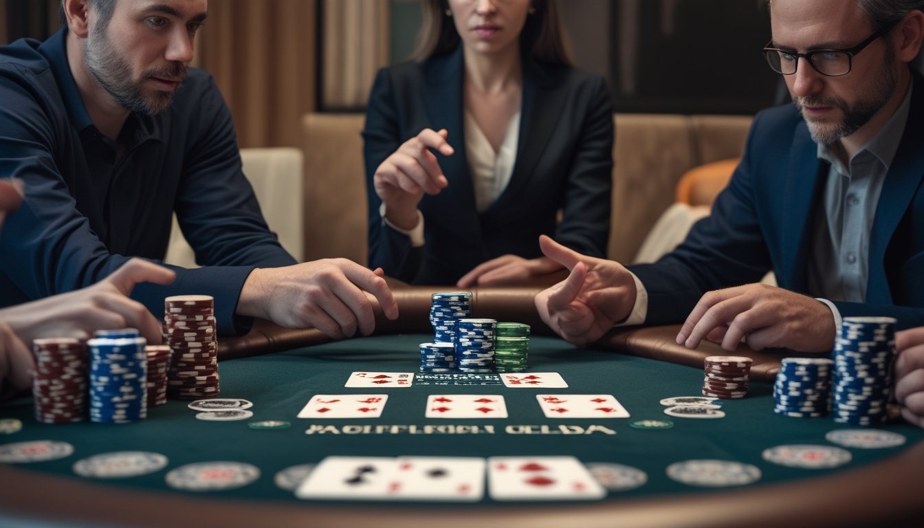 Para pemain mempelajari kartu dan tumpukan chip di meja poker.