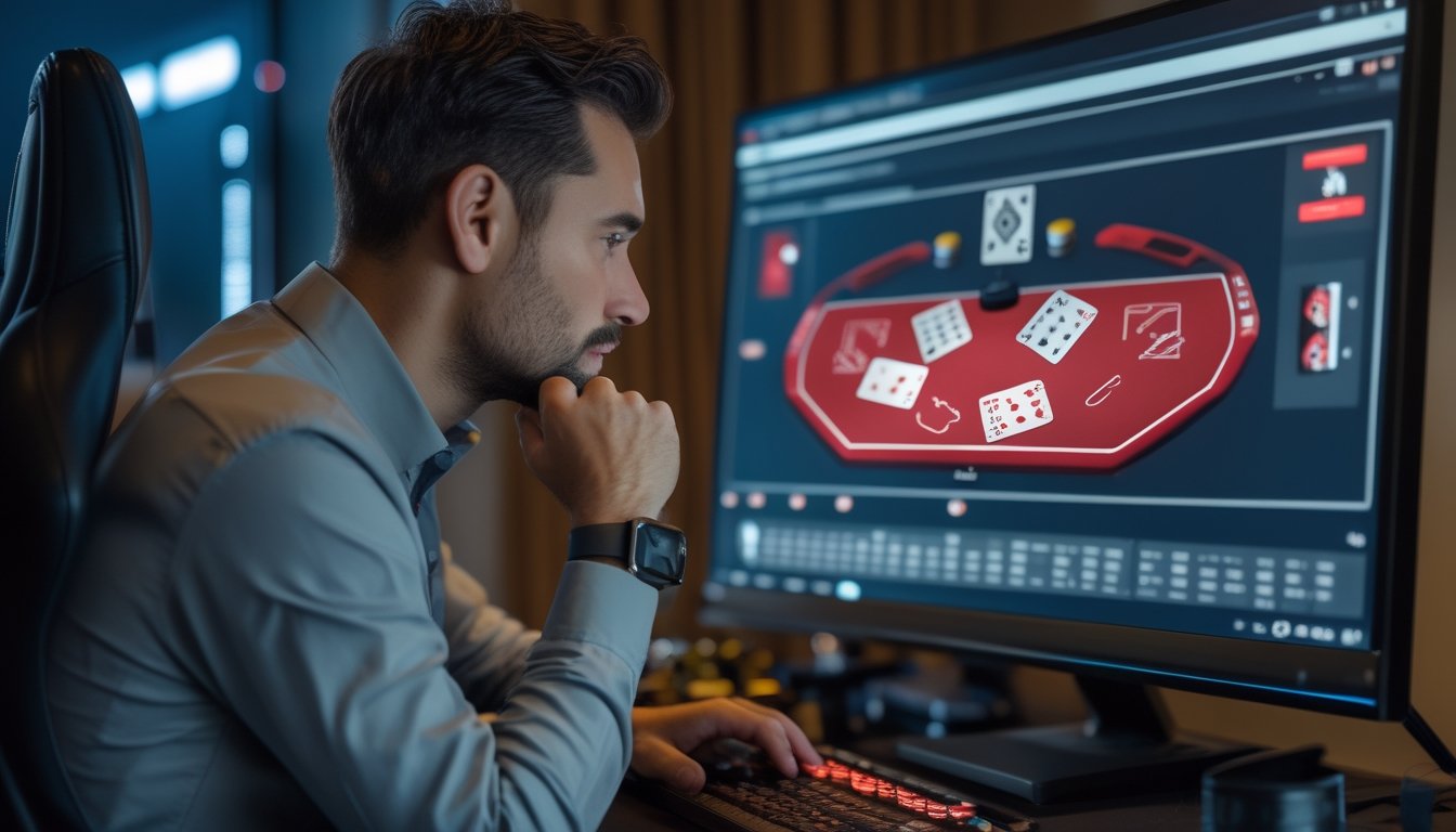 Seorang pemain poker mempelajari meja poker digital di depan monitor.
