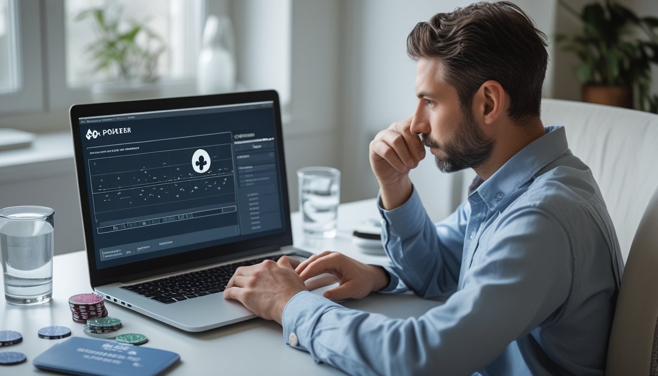 Seseorang meninjau analisis permainan poker di laptop dengan kartu dan keping poker tertata di meja.