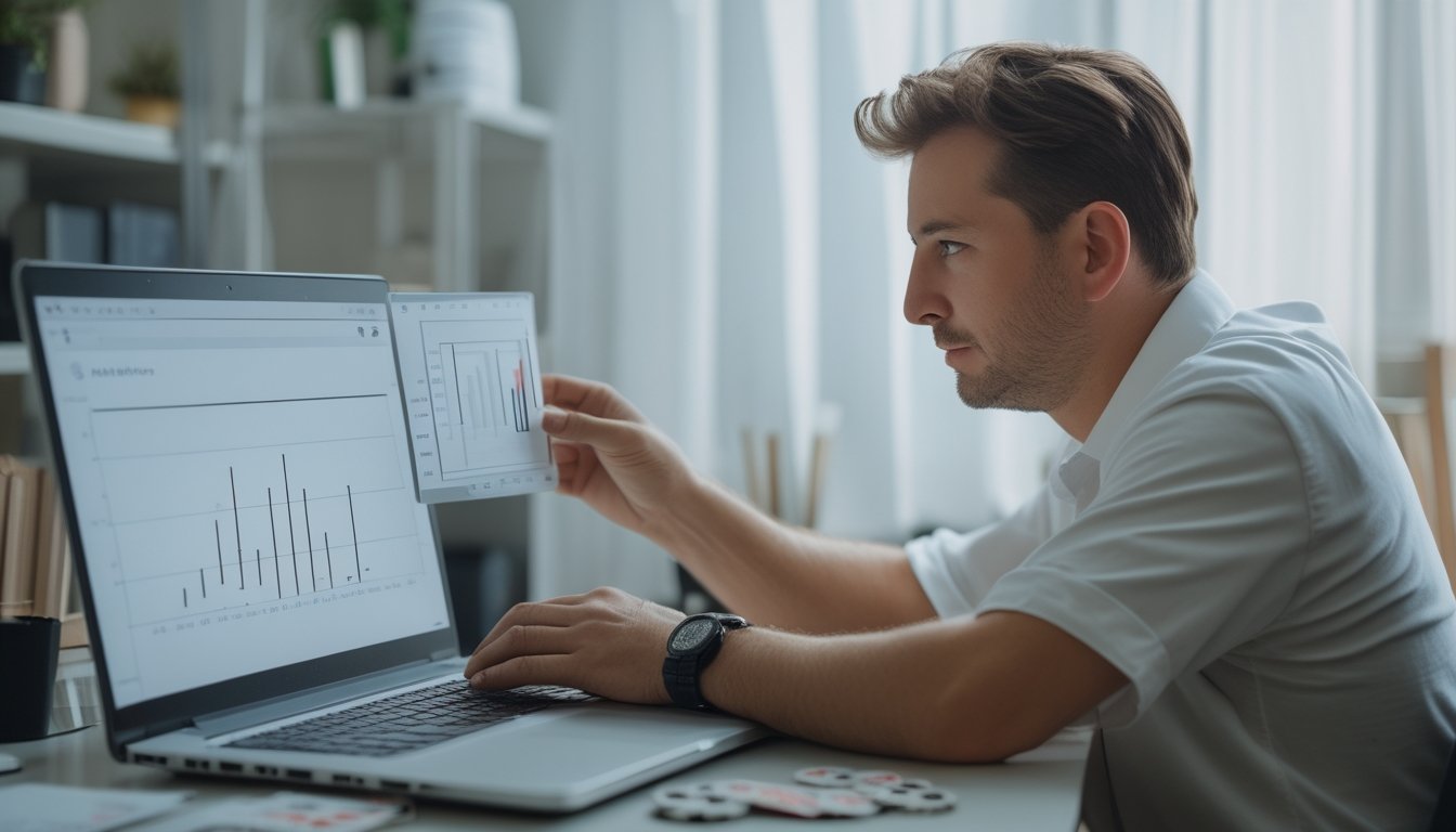 Seorang pemain poker meninjau grafik analisis di laptop dengan kartu dan chip di atas meja.