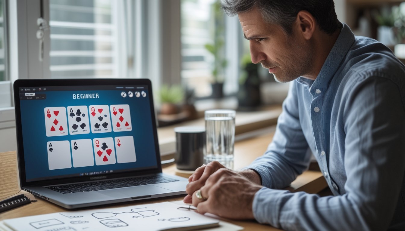 Seorang pemula mempelajari permainan poker di laptop sambil mencatat.