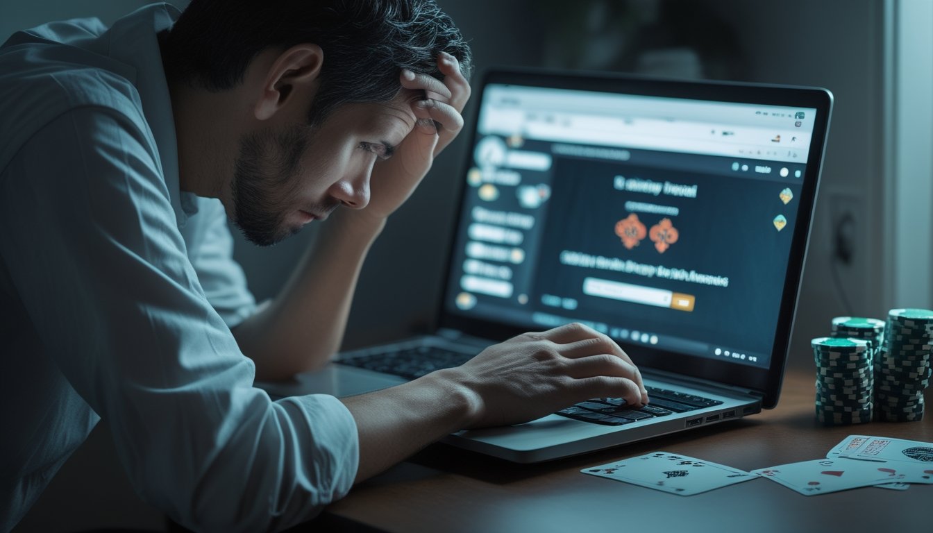 Seorang pemula tampak kewalahan saat bermain poker daring di depan laptop.