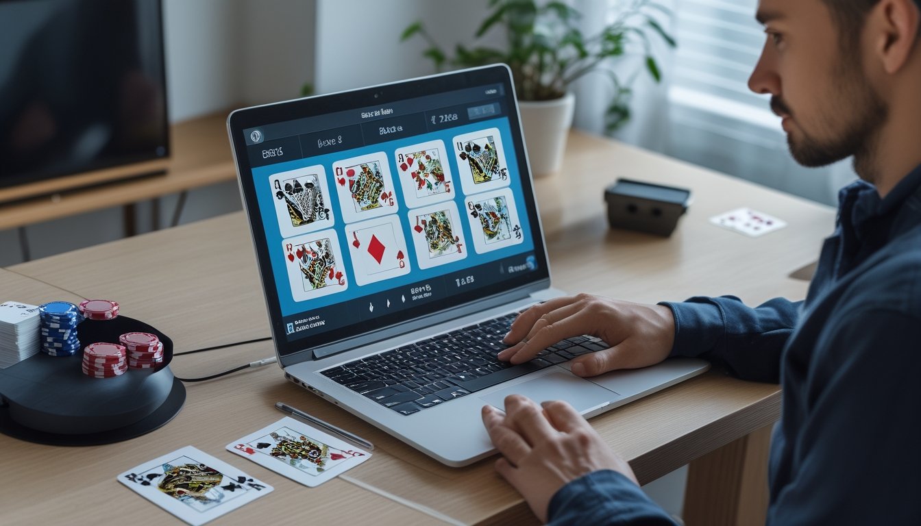 Seorang pemula mempelajari kartu poker di laptop dengan kartu dan keping poker di atas meja.