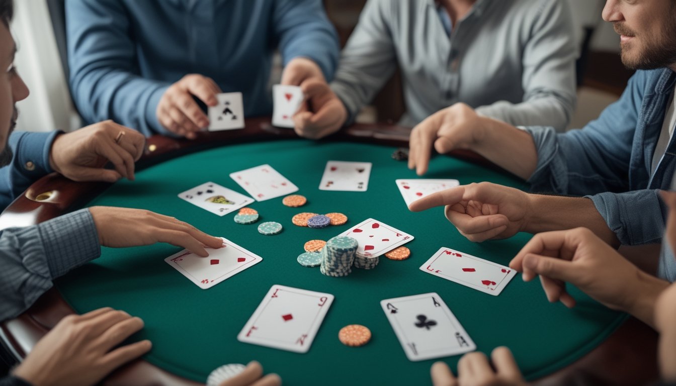Sekelompok orang dewasa mempelajari kombinasi kartu poker di atas meja dengan keping taruhan.