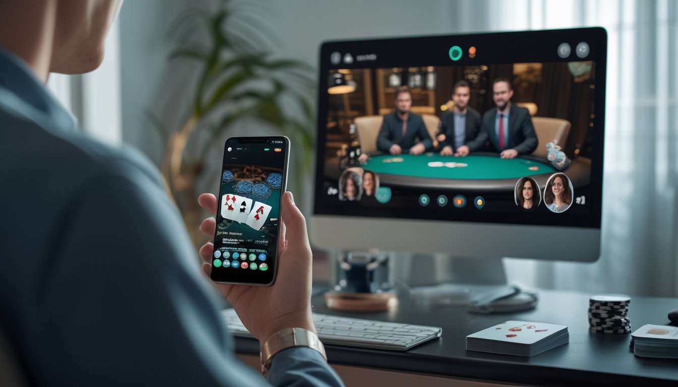 Seseorang menggunakan aplikasi poker di ponsel sambil menonton permainan poker langsung di monitor.