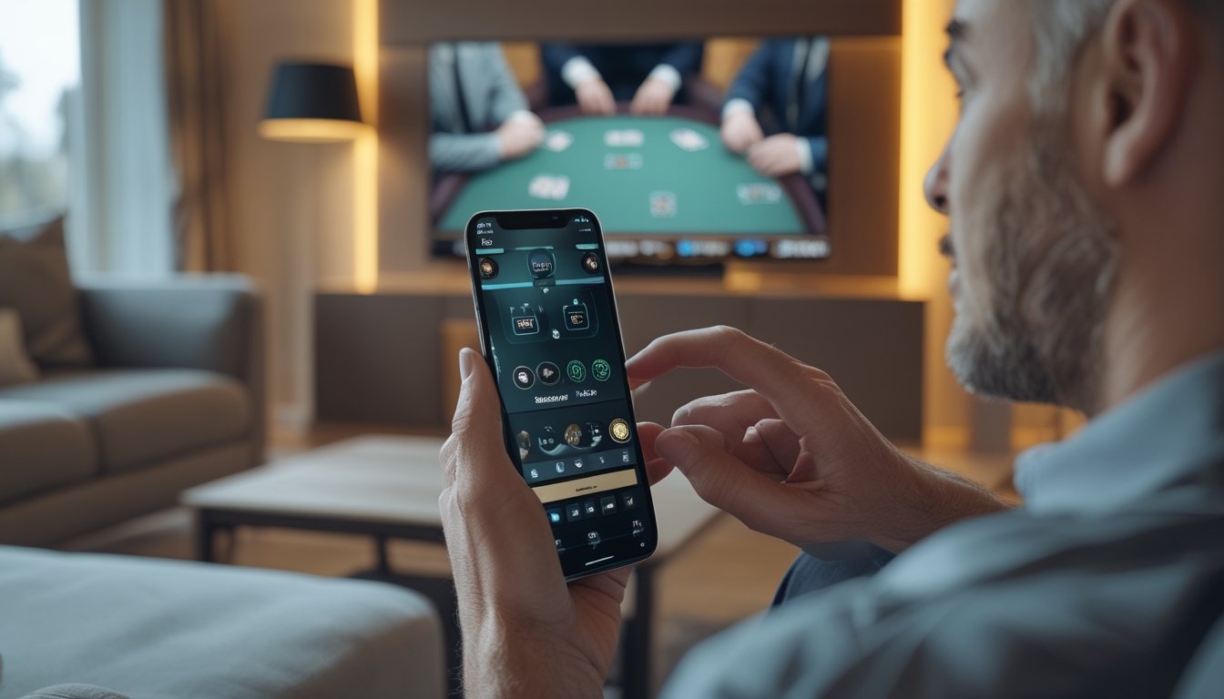 Seorang dewasa menggunakan aplikasi poker di ponsel sambil menonton permainan poker langsung di layar.