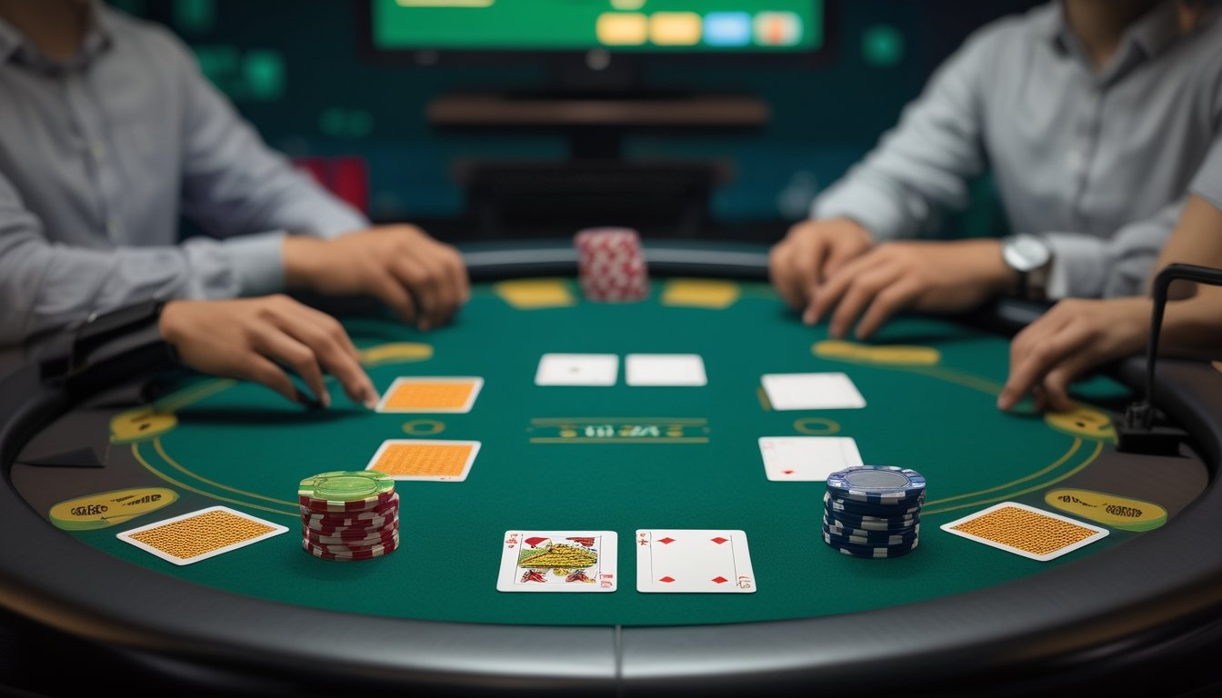 Dua susunan kartu poker dan chip di atas meja hijau.