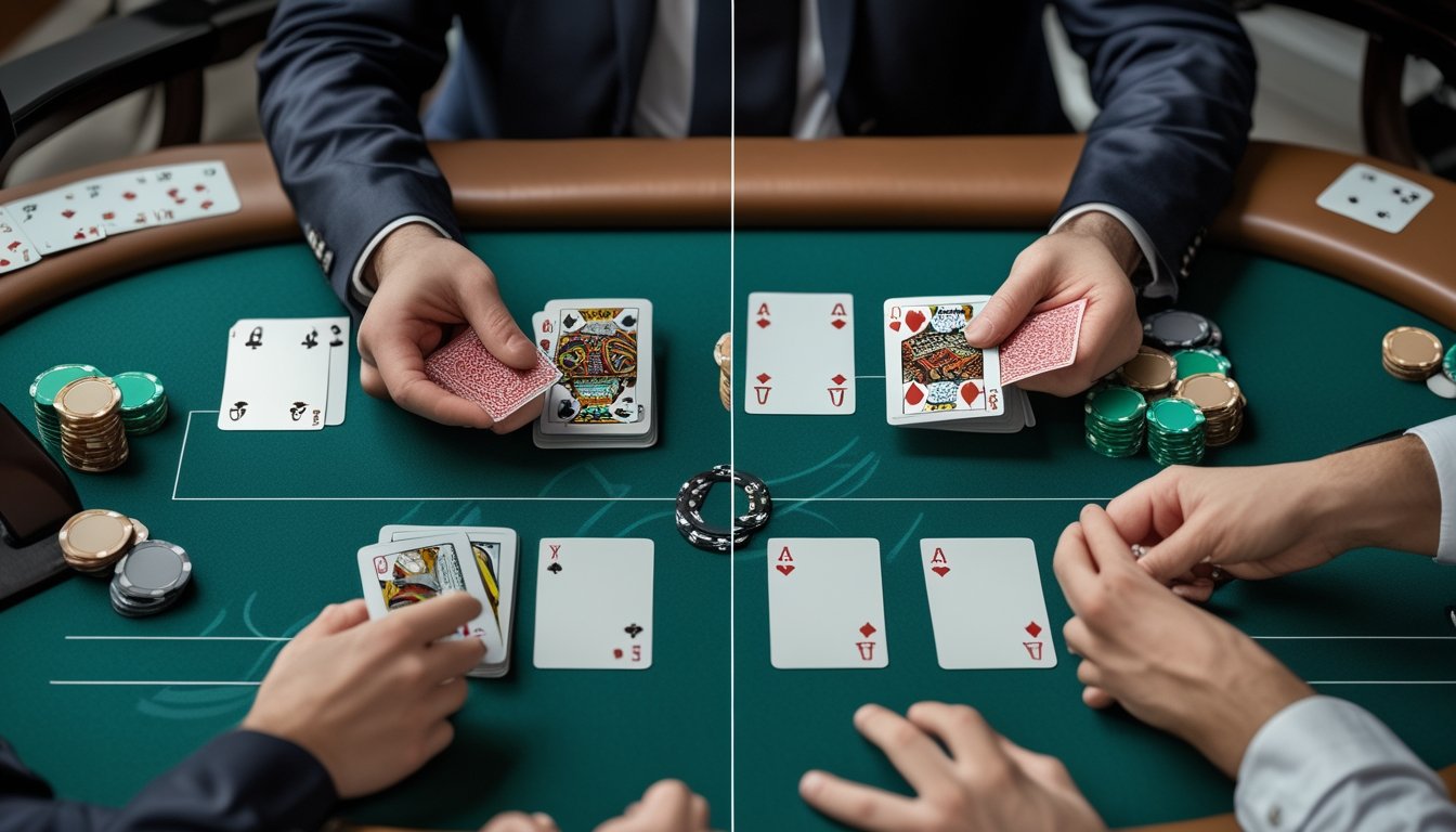Dua tangan pemain memegang jumlah kartu berbeda di meja poker.