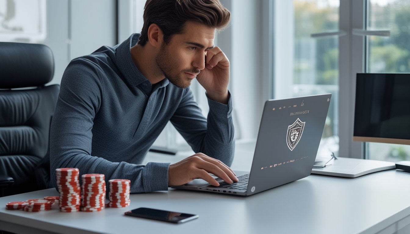 Seseorang memeriksa situs poker di laptop dengan kartu dan keping poker di atas meja.