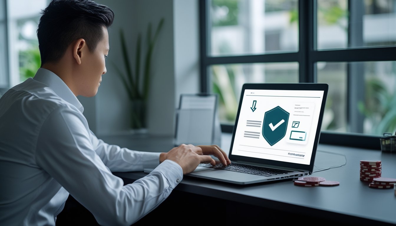 Seorang profesional memeriksa status lisensi platform poker online di laptop.
