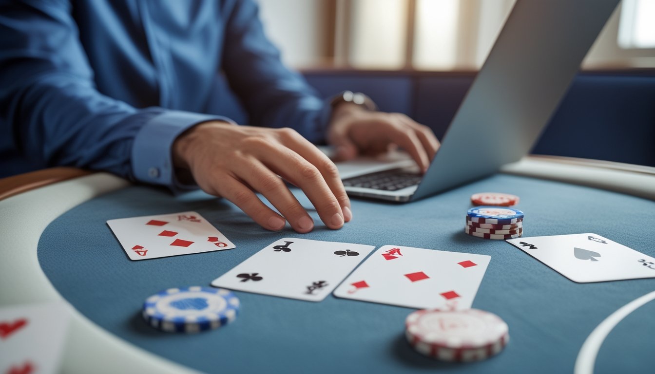Seorang pemain poker mempelajari kartu di meja dengan beberapa keping chip.