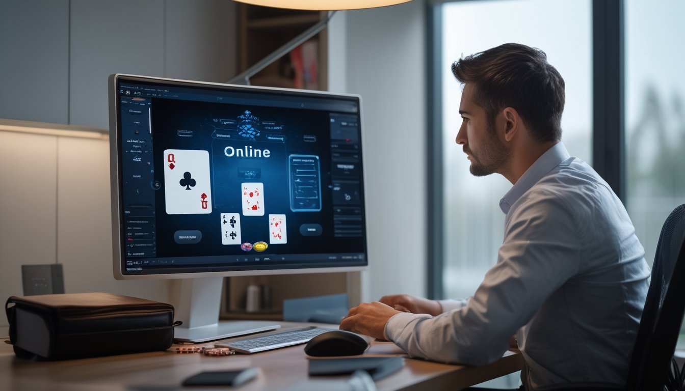 Seorang pemain poker mempelajari permainan daring di monitor dari meja kerjanya.