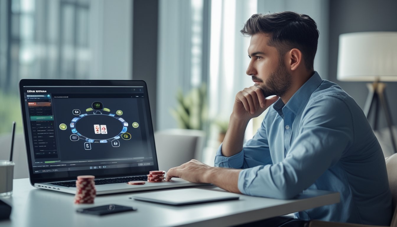 Seorang pemain poker mempelajari meja poker daring di laptop.
