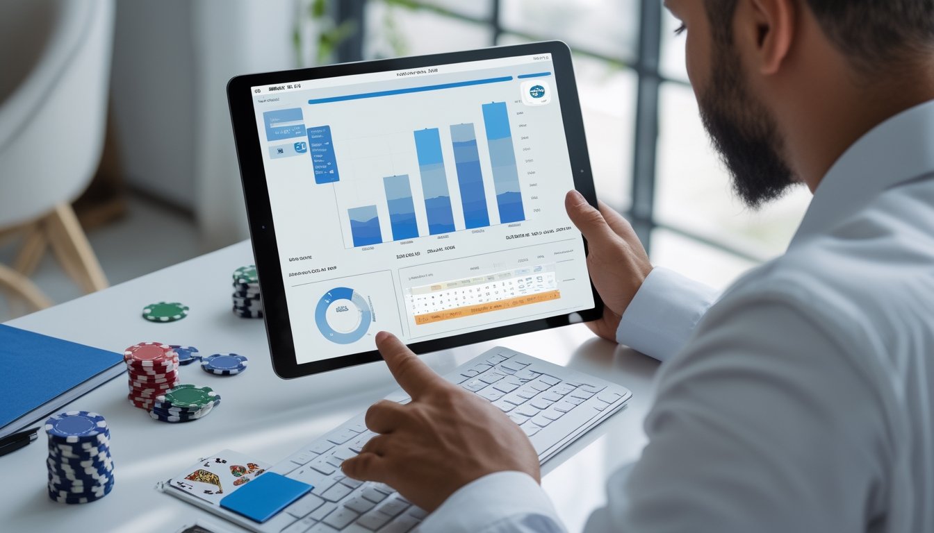 Seorang pemain poker meninjau statistik permainan di tablet di samping kartu dan keping poker.