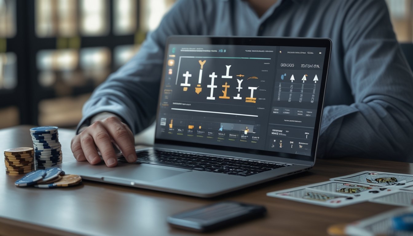 Seorang pemain poker meninjau grafik analisis di laptop dan ponsel dengan kartu serta chip di atas meja.