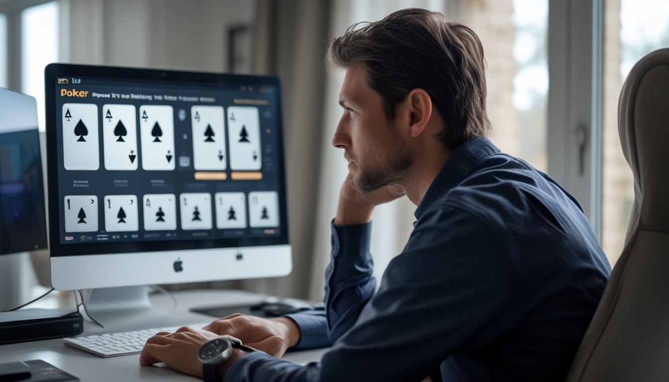 Seorang pemain mengamati meja poker daring di layar komputer.