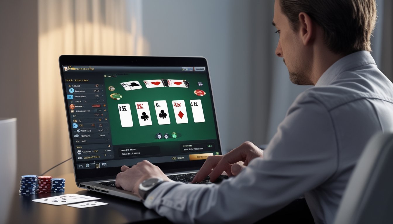 Seorang pemain poker mengamati pola taruhan di layar laptop.