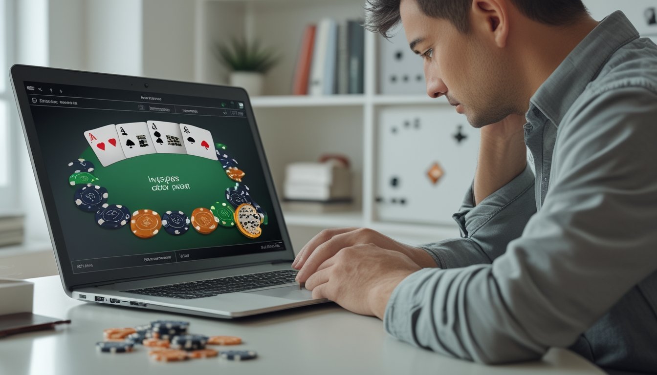 Seorang pemula bermain poker di laptop sambil menata keping poker dan mempertimbangkan langkah berikutnya.