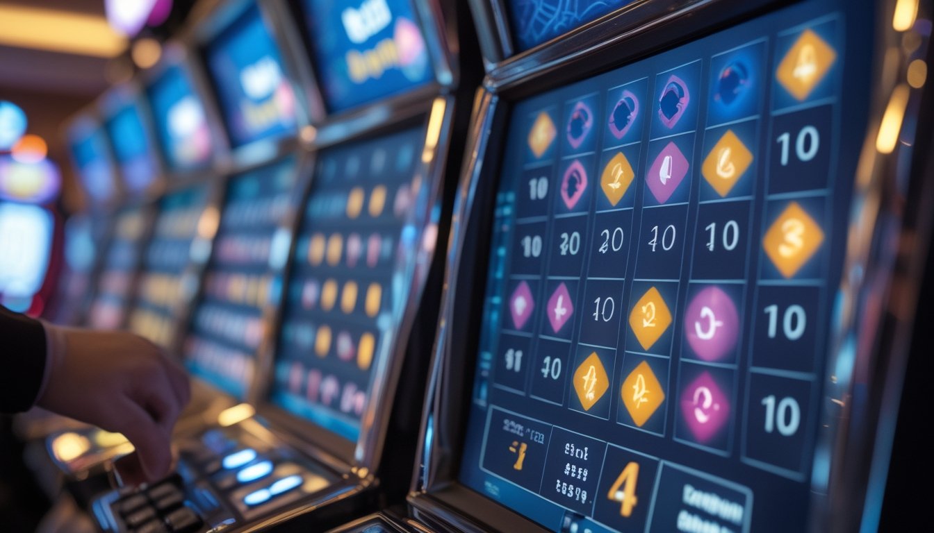 Mesin slot dengan simbol beragam dan visualisasi data acak di sampingnya.