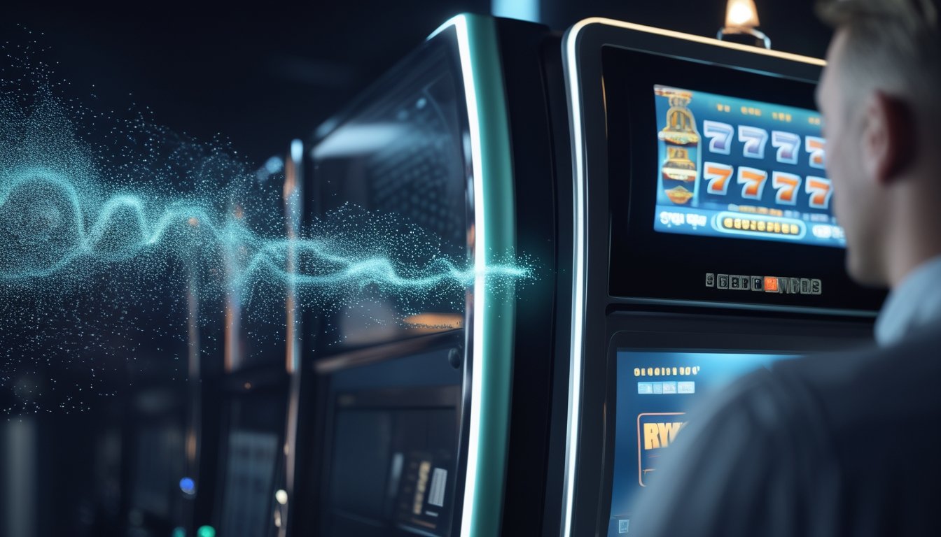 Seseorang mengamati mesin slot dengan pola data abstrak yang menggambarkan proses acak.