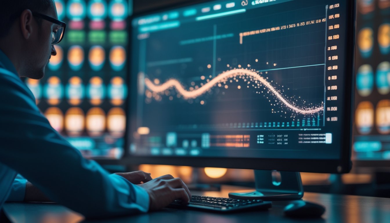 Seorang analis mengamati visualisasi data abstrak di samping layar permainan slot.