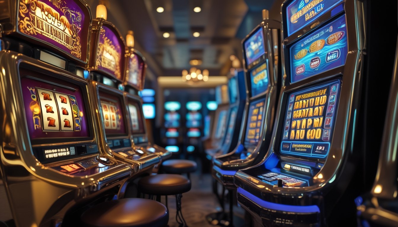 Mesin slot klasik dan modern berdampingan di dalam ruang hiburan.