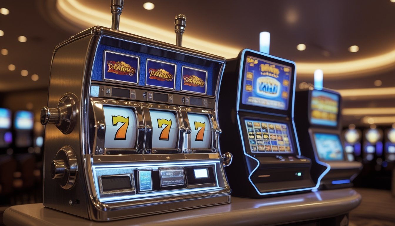 Mesin slot klasik mekanis berdiri di samping mesin slot digital modern.