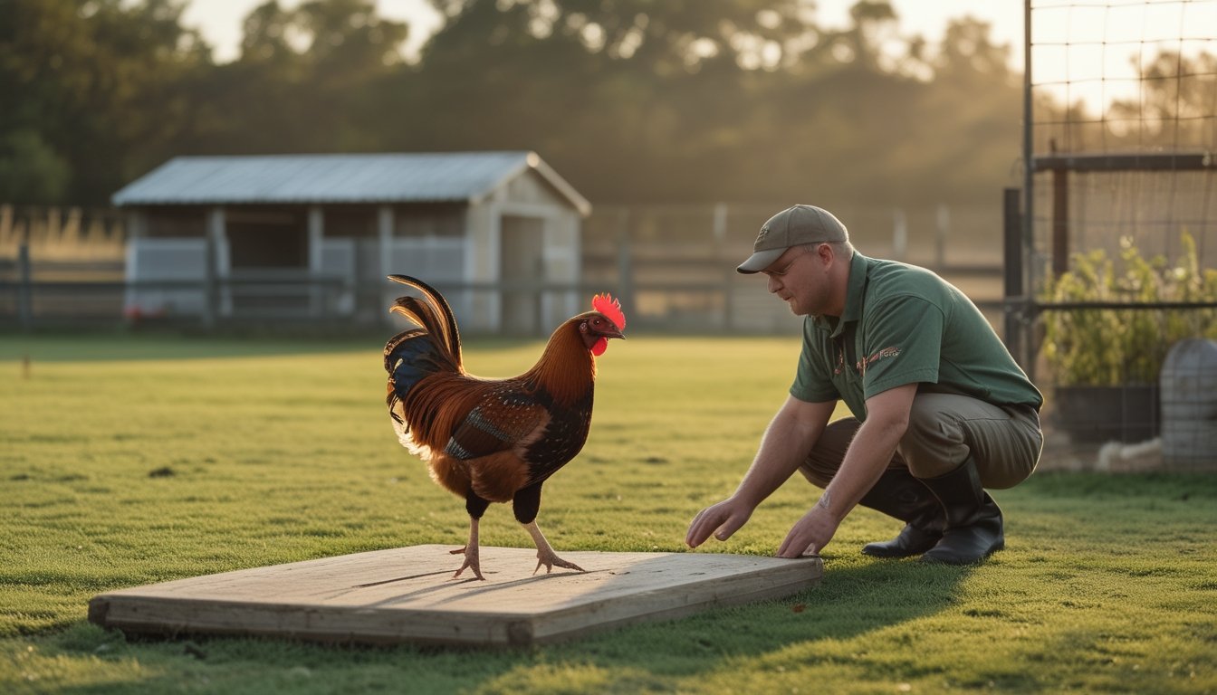 Seorang pelatih mengamati ayam jantan muda berjalan di atas papan rendah di halaman kandang.