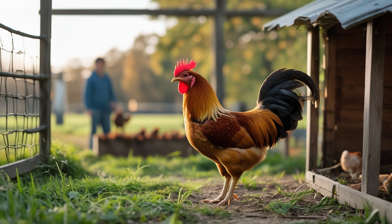 Seekor ayam jantan muda berdiri tenang di area rumput, sementara seorang pekerja mengawasinya dari dekat.