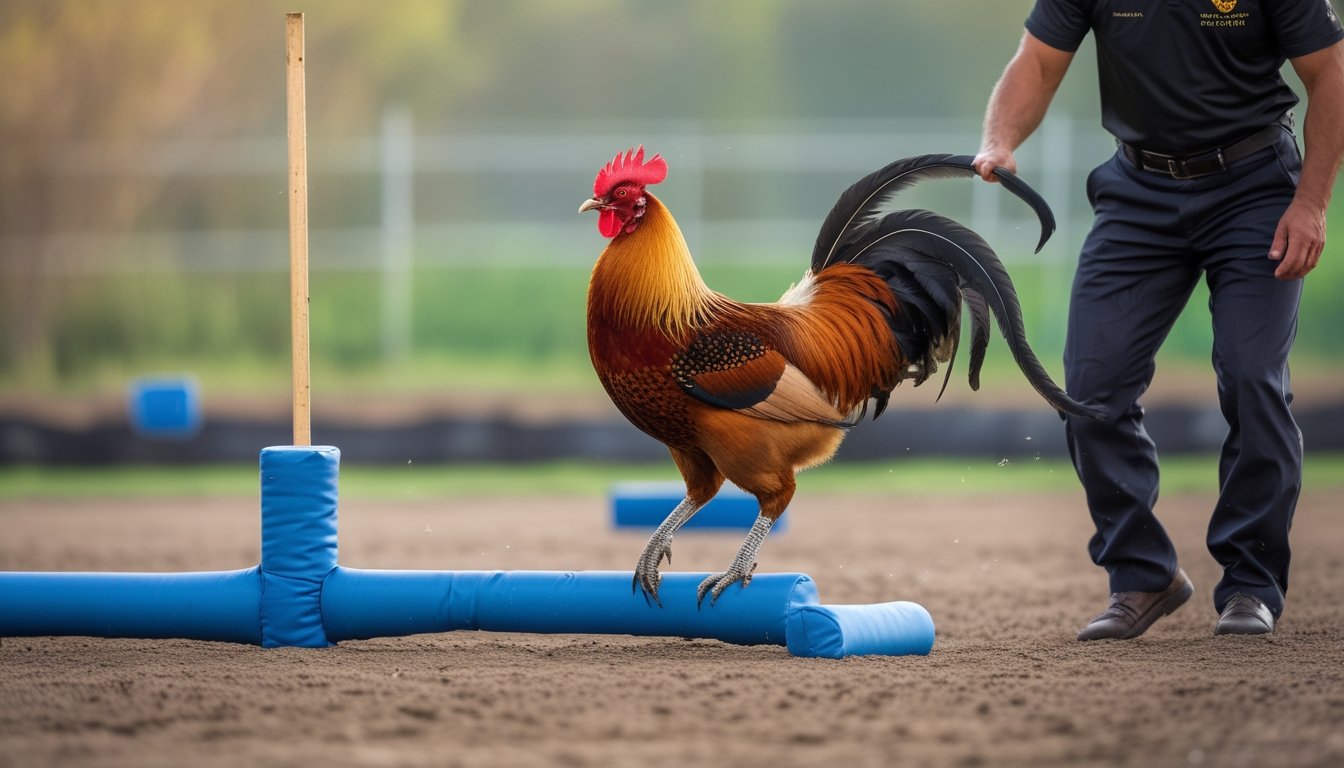 Ayam jantan berlatih kelincahan melewati rintangan rendah dengan pawang di dekatnya.