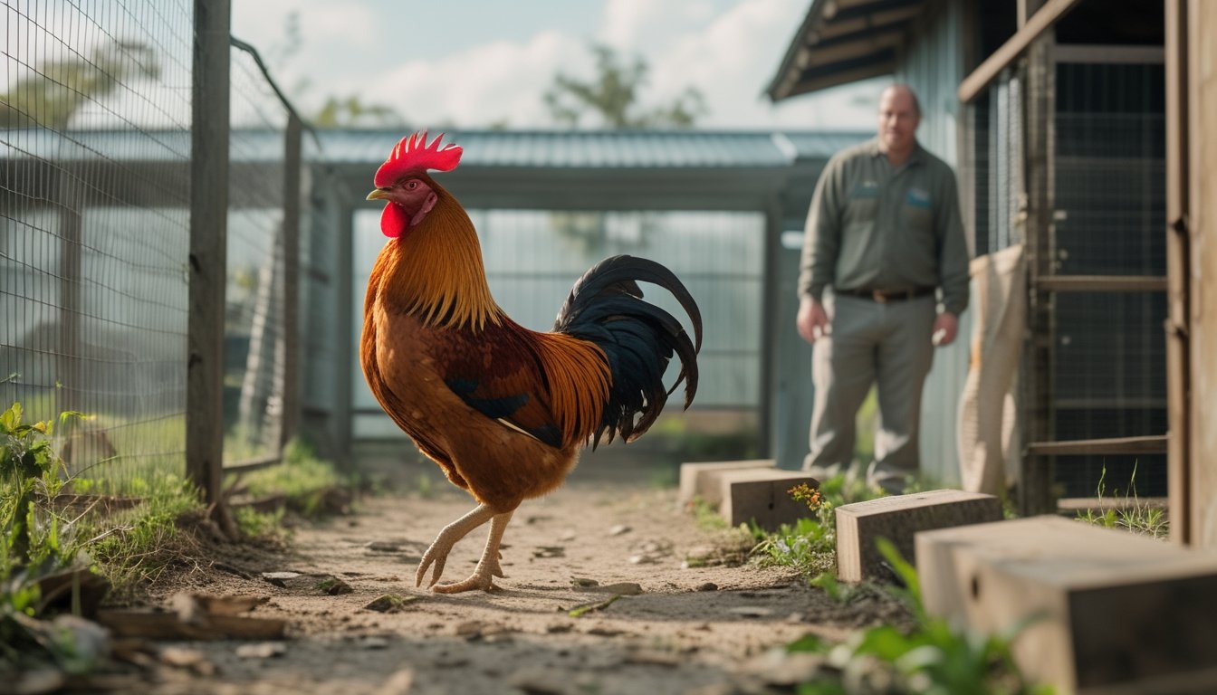 Seekor ayam jantan berjalan melewati palang rendah di kandang terbuka sementara seorang perawat mengawasinya.