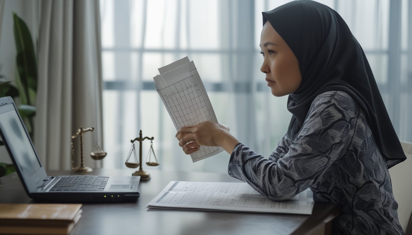 Seorang dewasa meninjau kertas di meja dengan laptop tertutup dan ponsel di dekatnya.